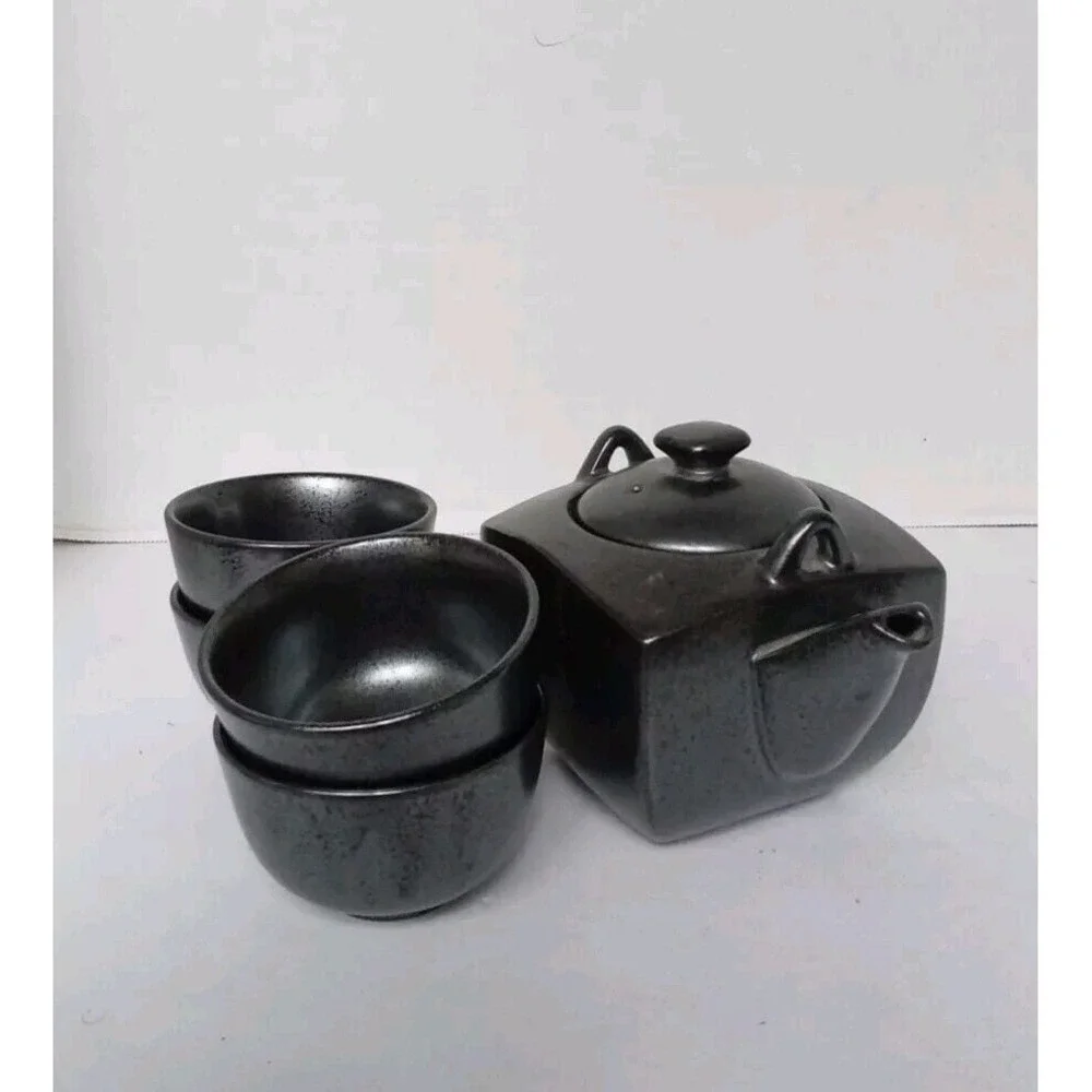 Matte Black Ceramic Tea Set 5pc Square‎ Teapot and 4 Tea Cups Minimalist Modern